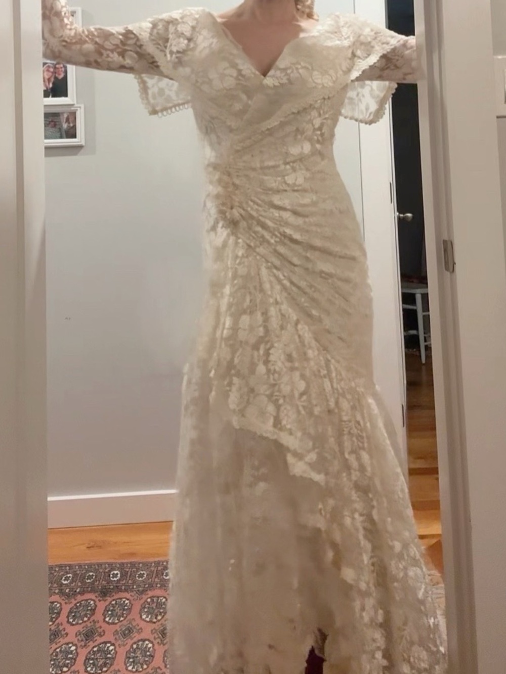 Vintage Cream Lace Long-Sleeve V-Neck Gown